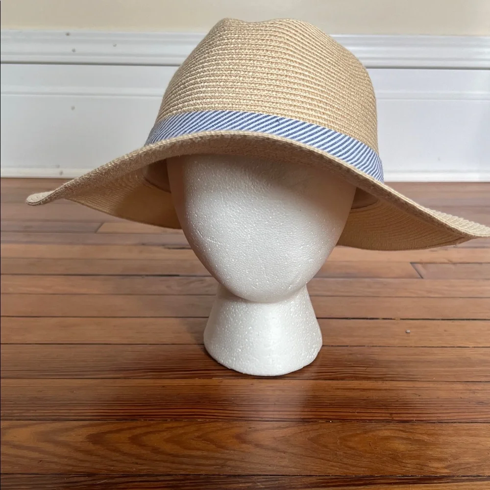 Banana Republic Classic Preppy Straw Vacation Sun Hat | Striped Seersucker Band - Picture 2 of 8